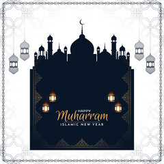 Happy Muharram and Islamic new year religious card with mosque