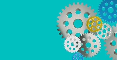 Set of gear wheels relative to the concept of CREATIVE MEETING, team solution, evolution or TEAMWORK. Central space to copy paste a logo or design. Turquoise blue fund.