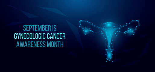 Gynecologic Cancer Awareness Month concept. Banner template with glowing low poly uterus. Futuristic modern abstract. Isolated on dark background. Vector illustration.