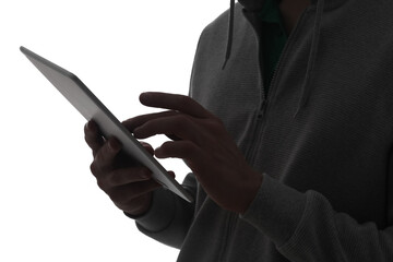 Silhouette of hacker with tablet computer on white background, closeup