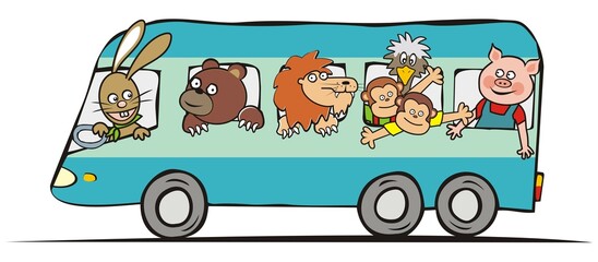 Obraz na płótnie Canvas Group of happy animals at blue bus, vector funny illustration. Hare, bear, lion, monkeys, ostrich and pig go by bus for a trip. 