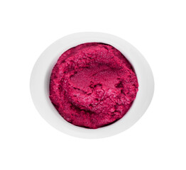 Bowl with tasty beet hummus on white background