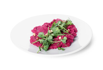Plate with tasty beet hummus and fresh sprouts on white background