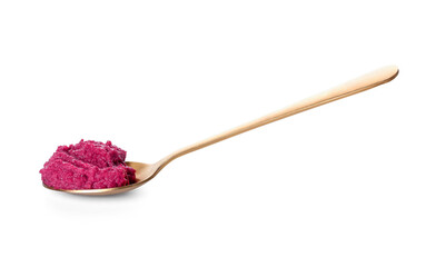 Spoon with tasty beet hummus on white background