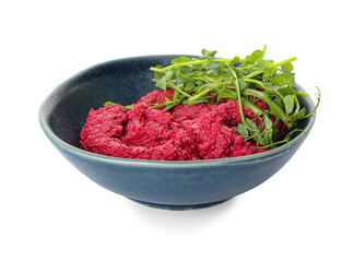 Bowl with tasty beet hummus and fresh sprouts on white background