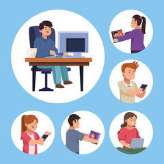 People with device in video chat symbol collection
