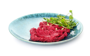 Plate with tasty beet hummus and fresh sprouts on white background