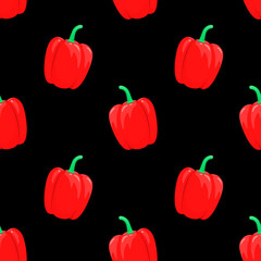 Seamless pattern with red bell peppers on a black background of Vegetables.