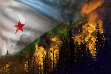 Forest fire fight concept, natural disaster - flaming fire in the woods on Djibouti flag background - 3D illustration of nature