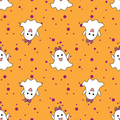 Cute ghosts seamless vector pattern on orange background