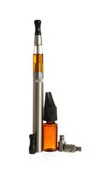 Electronic cigarette with oil on white background