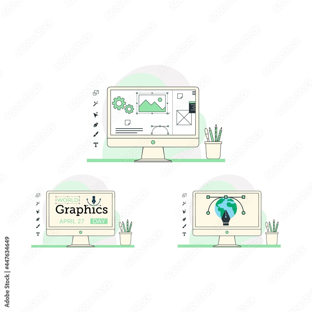 Fototapete World graphics day vector illustration on a white background. Graphics day celebration with the pen tool design and computer monitor.