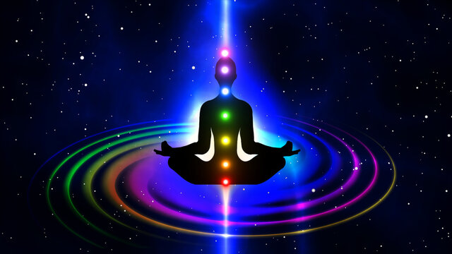 Silhouette of a seven chakra meditation person on a spiral background
