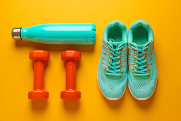 Sport shoes, bottle of water and dumbbells on color background