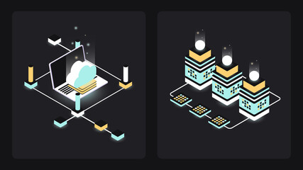 Set of two Isometric Blockchain Illustrations. Digital Money, FinTech Collage. Vector illustration
