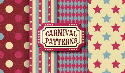 Set of circus retro vintage seamless patterns. Textured old fashioned carnival wallpaper templates. Collection of vector texture background tiles. For parties, birthdays, decorative elements.