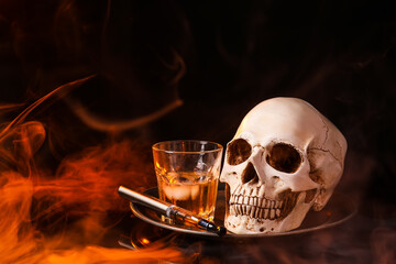 Tray with electronic cigarette, glass of whisky and human skull on dark background with fume