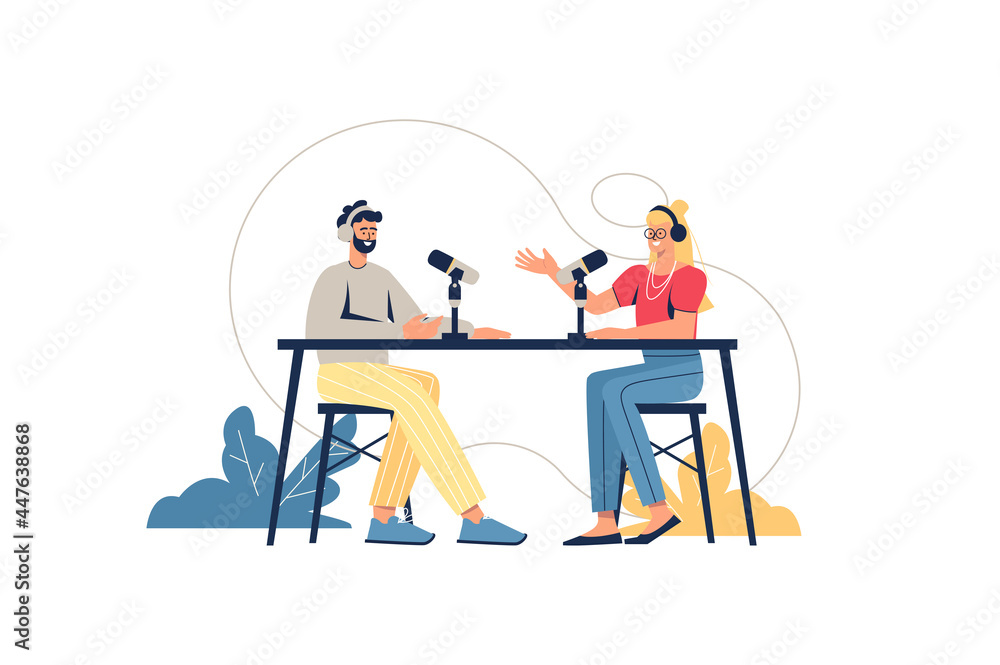 Poster podcast web concept. presenter and guest in studio broadcasting live, talking into microphones. man 