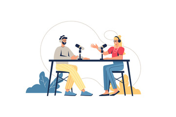 Podcast web concept. Presenter and guest in studio broadcasting live, talking into microphones. Man and woman recording interview, minimal people scene. Vector illustration in flat design for website