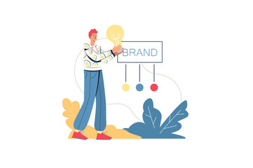 Obraz premium Branding web concept. Male designer develops brand identity, creates positive business image, promotes startup to customers, minimal people scene. Vector illustration in flat design for website