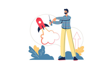 Creative startup web concept. Businessman launches new business project, development and profit growth, successful strategy, minimal people scene. Vector illustration in flat design for website