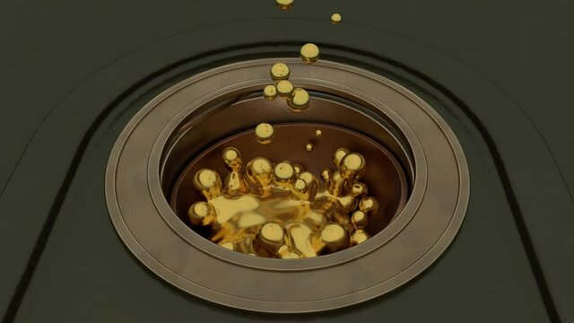 Loop 3d animation of a container with boiling gold. The doors of the airlock open and the gold boils and flies out in drops. Abstract animation for futuristic design.