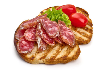 Fuet sausage sandwich, isolated on white background. High resolution image.