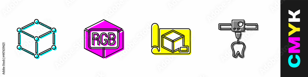 Poster set isometric cube, rgb and cmyk color mixing, graphing paper for engineering and 3d printer tooth i