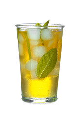 Glass of tasty cold ice tea on white background