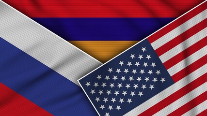 Armenia United States of America Russia Flags Together Fabric Texture Effect Illustration