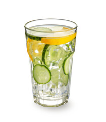 Glass with cucumber lemonade on white background