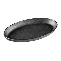Isolated black cast iron handleless frying pan on a white background