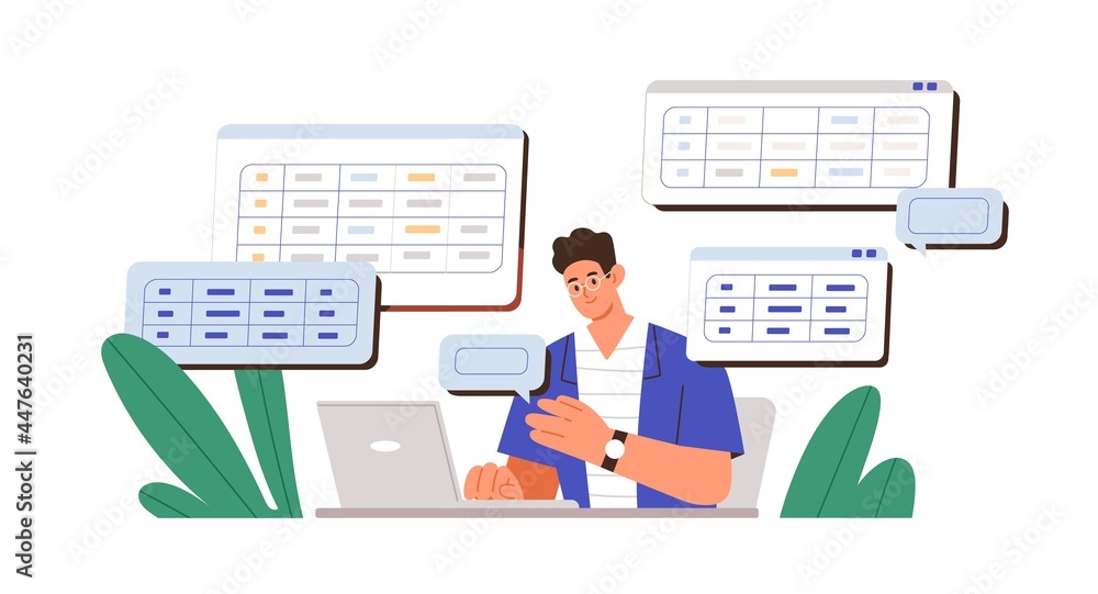 Aufkleber Man working with big data and databases, using laptop and excel tables. Office worker making analysis and report with spreadsheets on computer. Flat vector illustration isolated on white background