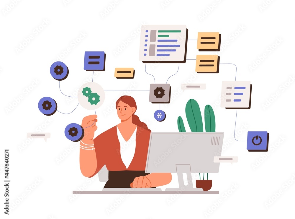 Poster Woman working with big data and tech information on laptop. System administrator setting software. Female coder at work with computer. Flat vector illustration of sysadmin isolated on white background