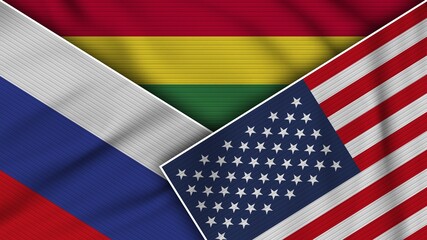 Bolivia United States of America Russia Flags Together Fabric Texture Effect Illustration