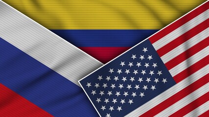 Fototapeta premium Colombia United States of America Russia Flags Together Fabric Texture Effect Illustration