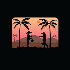 Silhouette of two farmers in the field illustration design