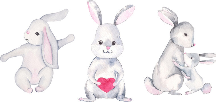 Watercolor illustration of Little bunny. Cartoon-style character isolated on white.