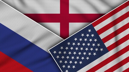 England United States of America Russia Flags Together Fabric Texture Effect Illustration