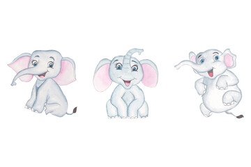 Cute baby elephant in a cartoon style. watercolor animal, for children's holidays.
