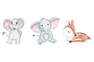 Obraz na płótnie Canvas Cute baby elephant and Deer in a cartoon style. watercolor animal, for children's holidays.