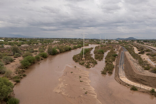 Raging River In Tucson, Arizona After Heavy Monsoon Rain