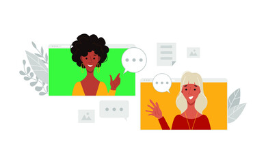 Concept video chat of two women. Online call. Vector illustration hand drawn flat style.