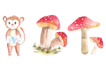 Watercolor illustration of a set of red mushrooms with cute monkeys.