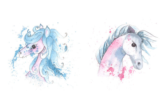 watercolor portrait of a pink and blue unicorn on the colorful background