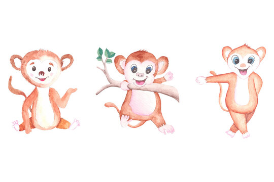 Hand-drawn watercolor illustration with cute monkeys. Baby and mother monkey isolated on the white background