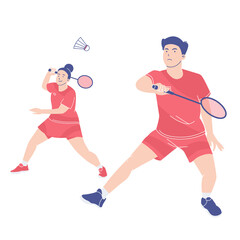 Double team badminton players defend. Athletes in uniform playing badminton. Professional badminton player during sports match. Colored flat vector illustration of isolated