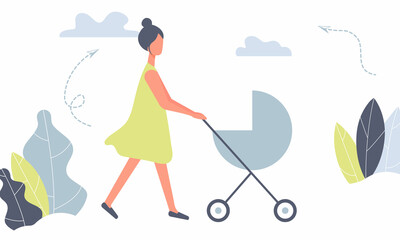 Happy mother on a walk with newborn in stroller. Woman pushing pram with child in park. Young mom with baby in pushchair isolated on white background in funky figures style. Raster illustration