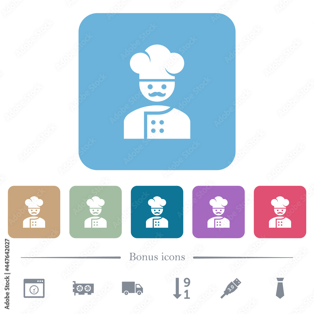 Poster master chef with mustache flat icons on color rounded square backgrounds