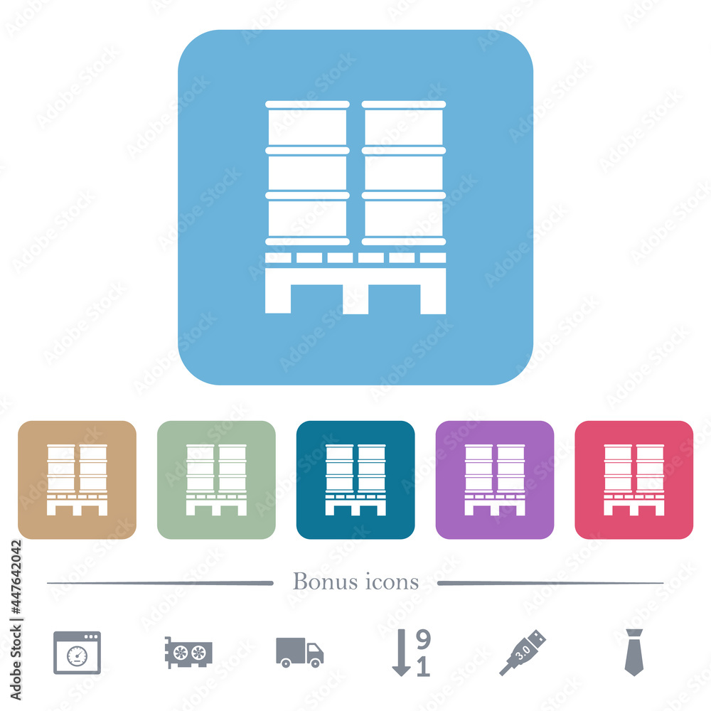 Poster pallet with barrels flat icons on color rounded square backgrounds